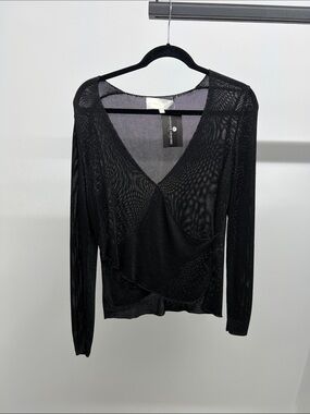 Black Long-Sleeve Sheer V-Neck Knit Top